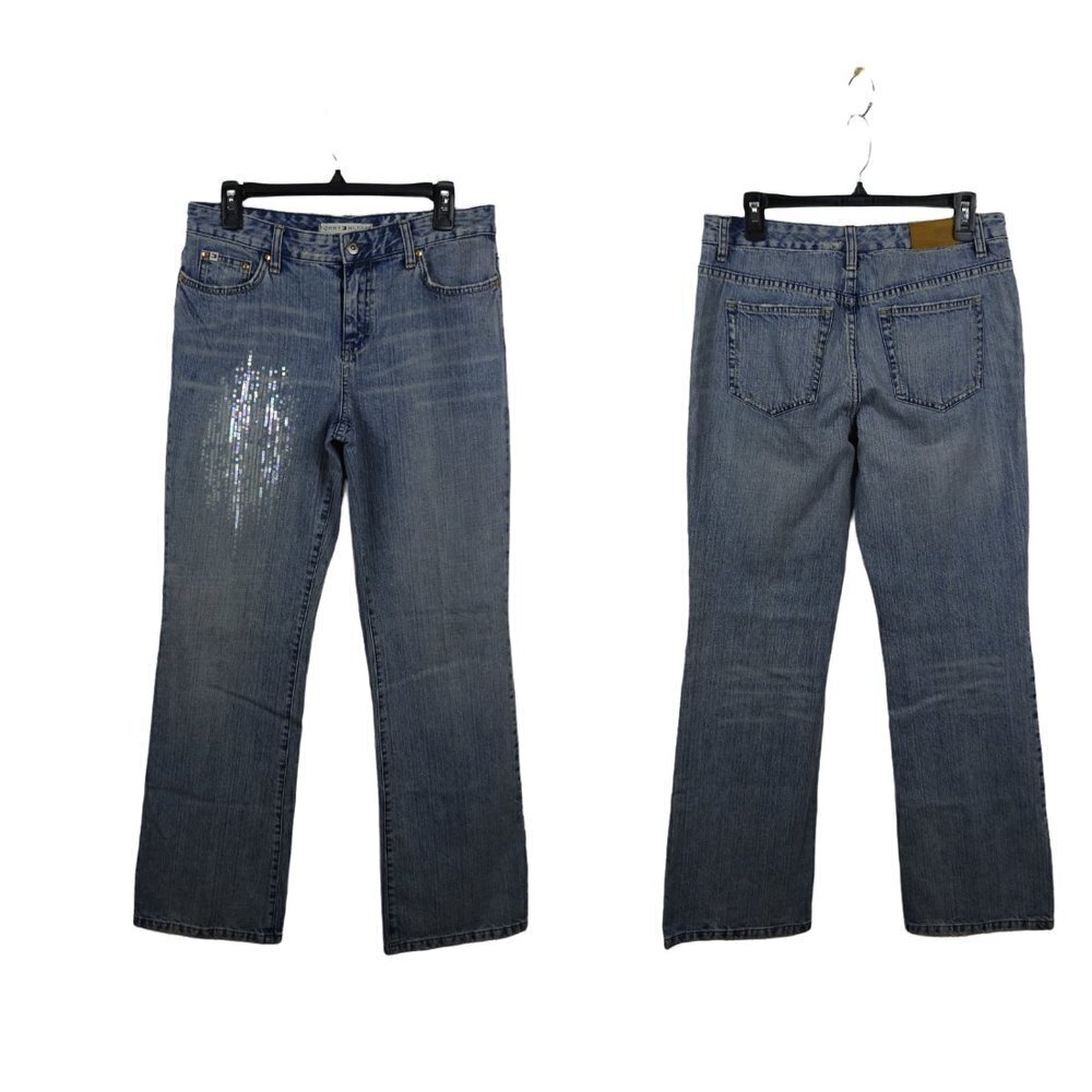 TOMMY HILFIGER Women's Boot Cut Jeans Distressed Sequins Logo Cotton Size 10